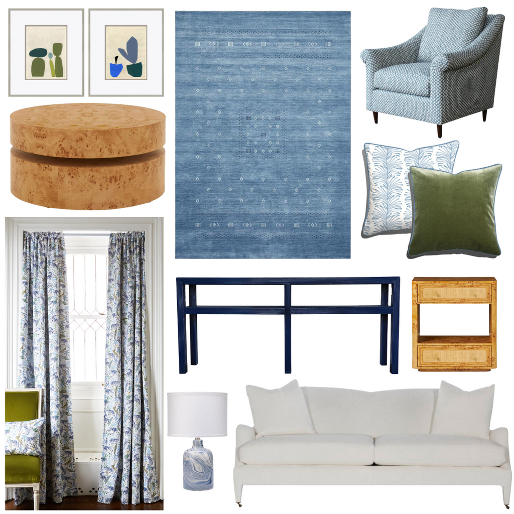 Product style guide including Green Tiger Custom Curtains, Sky Blue Botanical Stripe Custom Pillow with Blue Piping, fern green velvet custom pillow with blue piping, blue ceramic table lamp, two pair of abstract art, navy pencil rattan console table, circular coffee table, Cream upholstered sofa, Blue Patterned Armchair, Blue wool rug, and Rattan side table