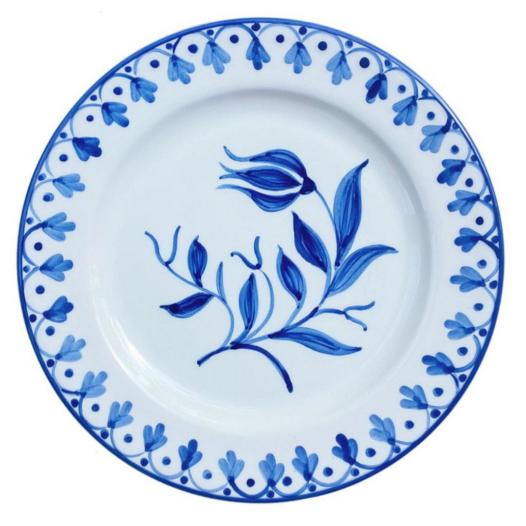 Hand painted ceramic blue tulip dinner plate