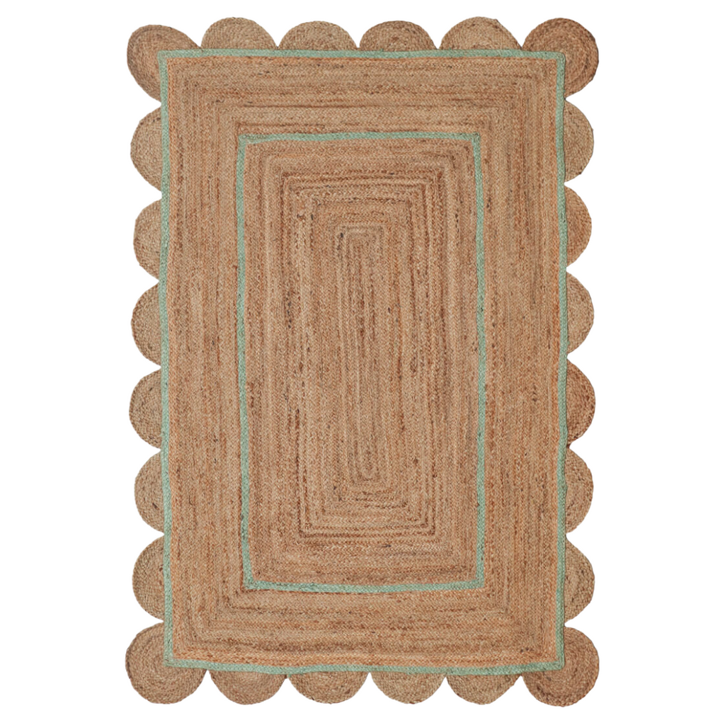scallop jute rug with green trim