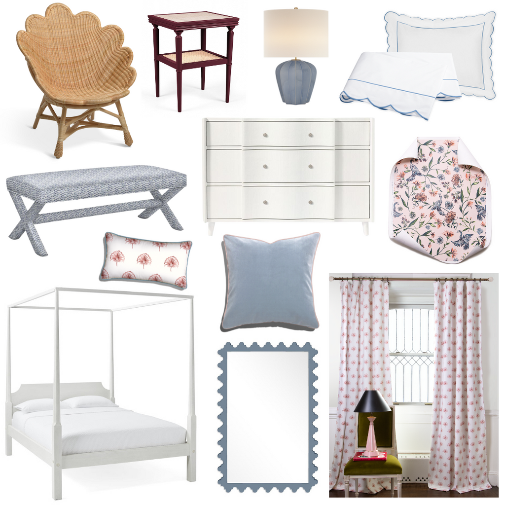 Product style guide including Rattan venus chair, Maroon side table, Blue medium table lamp, White Four Poster Bed, White Dresser, Rose Floral Custom Lumbar Pillow, Sky Blue Velvet Custom Pillow, White Bedding, Rose Floral Custom Curtains, Blue and White Double X-Bench, Silver Chandelier, Pink Chinoiserie Custom Wallpaper, and Blue Mirror