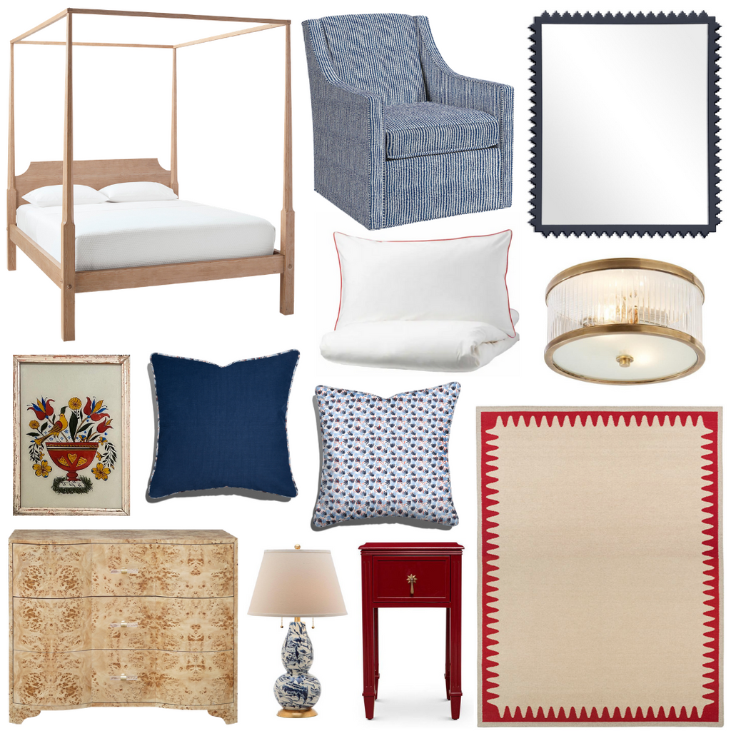 Product style guide including Oak four poster bed, Upholstered blue stripe swivel chair, Navy mirror, Gold flush mount, Burl wood chest, Flat Weave Rug, White with red detail bedding, Bird and Flowers Artwork, Navy Blue Custom pillow with Red and Blue piping, Red and Blue Custom pillow with Red and Blue Custom piping, Red mini bedside table, and Navy swirl lamp