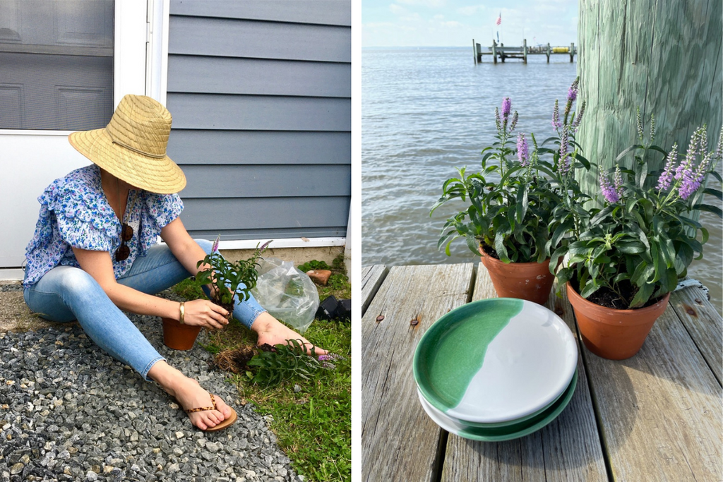 A photo of a woman planting purple flowers on the ground next to a photo of green and white plates and plants on a dock