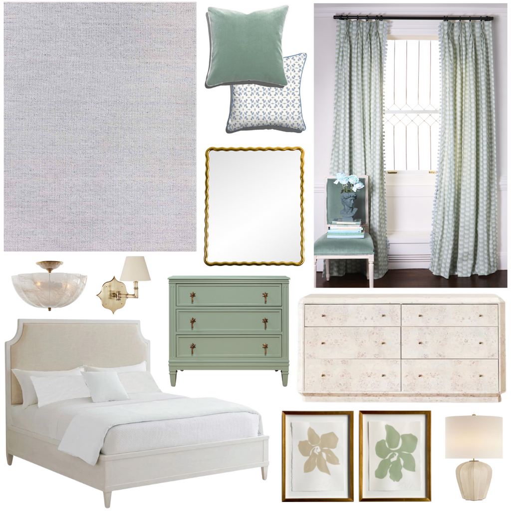 Product style guide including Blue & Green Floral Drop Repeat Custom Curtains, Ottoman Wall Light, Wave Gold Mirror, Kinley Rug, Blue Green Sea Salt Velvet Custom Pillow, Blue & Green Floral Custom Pillow, Tali Burl Wood Dresser,  Pierrepont Table Lamp, Rosehill semi flush light fixture, Classic white upholstered bed, Green 3 Drawer Chest, Palm Petal green flower art, and Palm Petal beige flower art