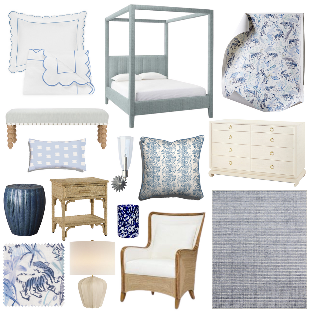 Product style guide including Blue With Intricate Tiger Design Custom wallpaper, Blue With Intricate Tiger Design Custom Fabric, Hand loomed blue rug, Raffia blue four poster bed, Scalloped white bedding with blue details, Sky Blue Botanical Stripe Custom Pillow, Cream Grasscloth dresser, Rope nightstand, Light Blue Grey Upholstered bench, Rattan trim and seagrass rope armchair, Sky Blue Pattern Custom Lumbar Pillow, Blue stool, Stone White table lamp, and Deep blue glass vase