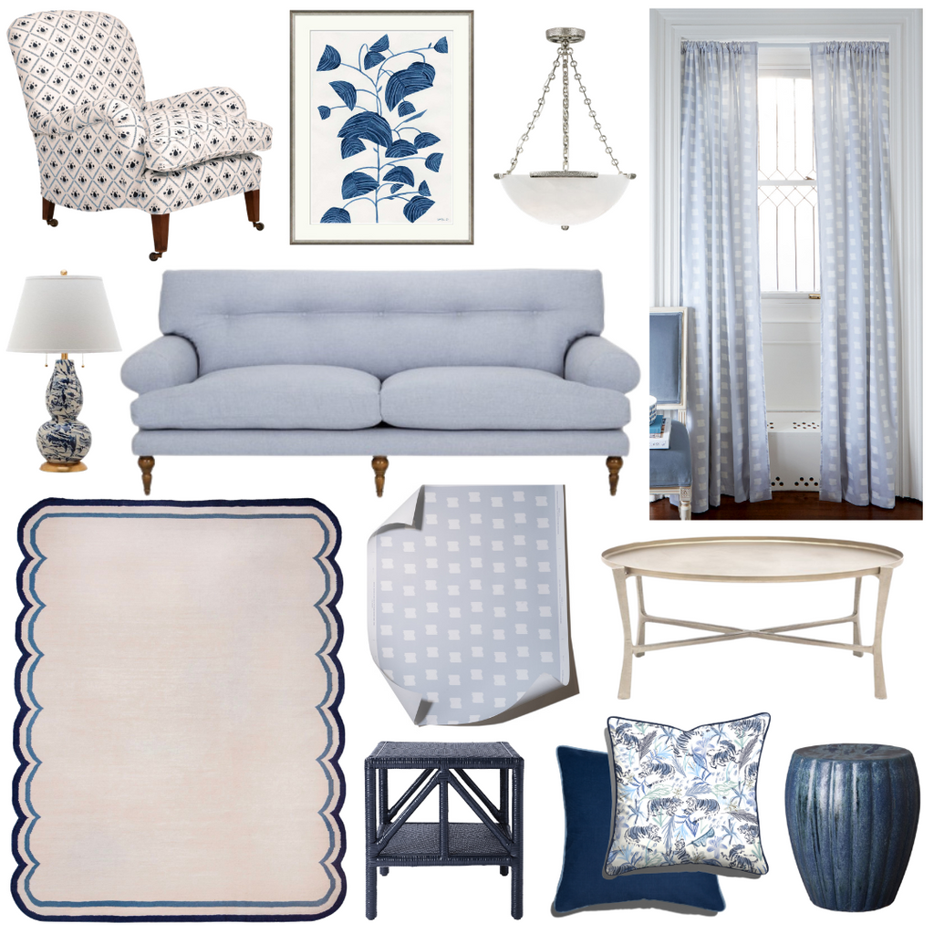 Product style guide including Blue striped fern artwork, Blue ridge garden stool, Iron coffee table, Blue patterned armchair, Blue sofa, Sky Blue Pattern Custom Curtains, Blue rattan side table, Silver chandelier, Marbleized navy splatter lamp, Scallop rug in ocean blue, Sky Blue Pattern Custom Wallpaper, Blue With Intricate Tiger Design Custom Pillow with Navy Piping, and Navy Blue custom pillow with Sky Piping