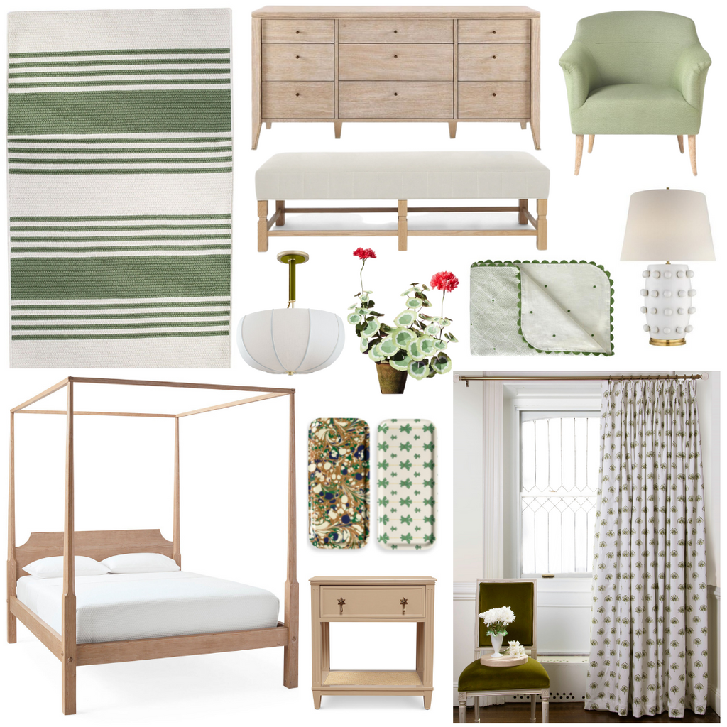 Product style guide including Green Floral Custom Curtains, Green chair, Oak Dresser, Light-brown Nightstand, Green striped rug, oak four poster bed, Urban electric hanging light, Green Vase with a paper geranium plant, Green bedspread, Cream and oak upholstered bench, Two printed trays, and White Medium Lamp
