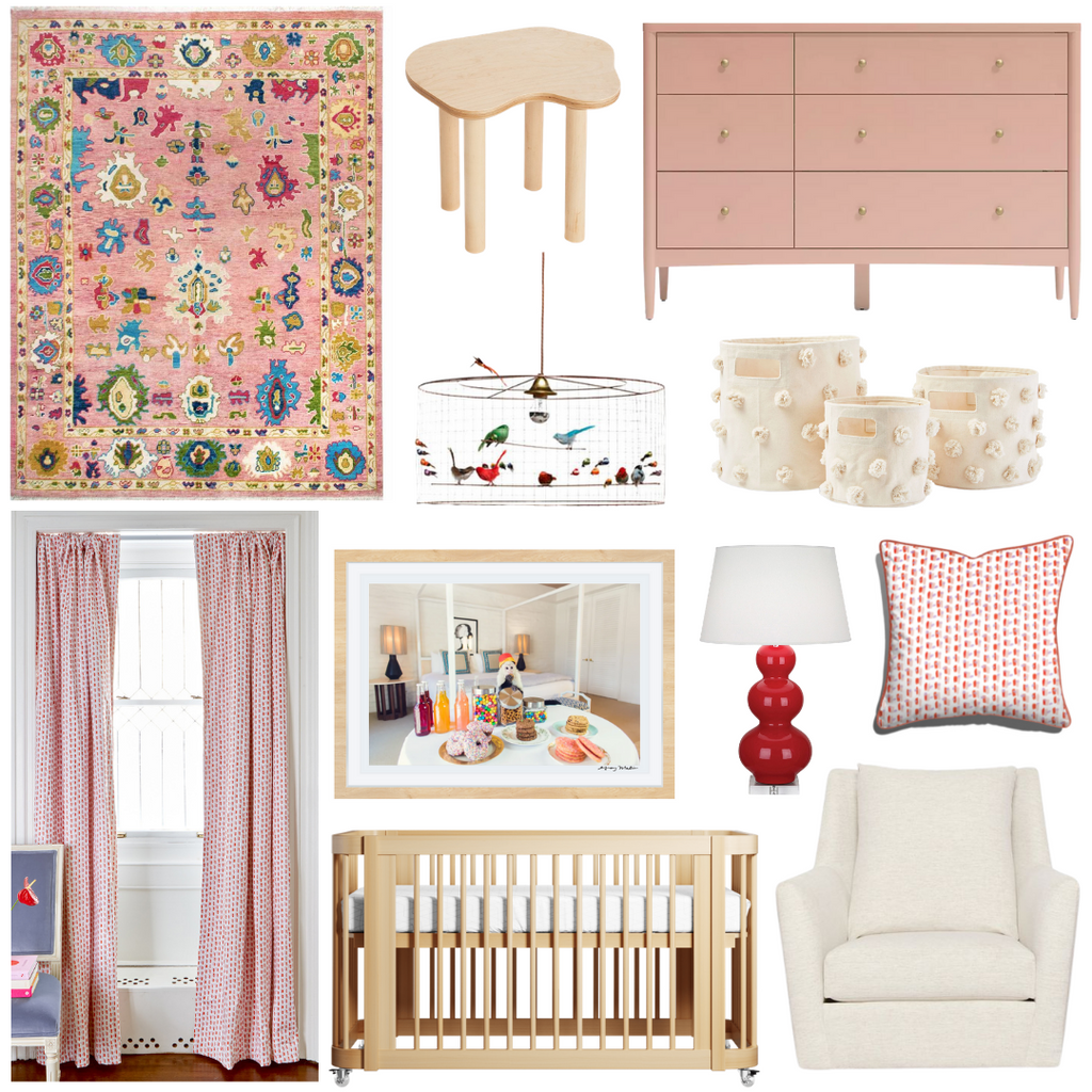 Product style guide including Turkish knot rug, White Glider Chair, Framed Picture Artwork, Pom Pom Storage Bundle, Red table lamp, Pink Dresser, Pink and Red Poppy Custom Curtains, Birch side table, Birds in nest Pendant, Pink and Red Poppy Custom Pillow, and Wooden Crib