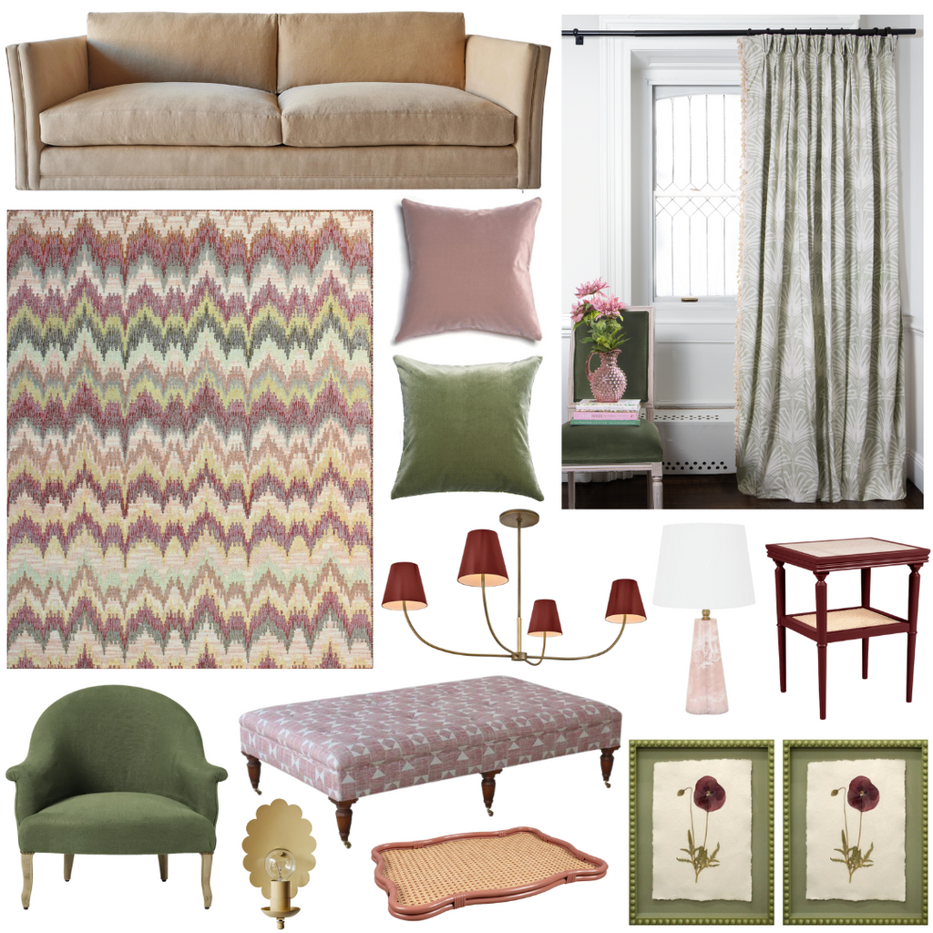 Product style guide including Sage Green Custom Curtains with Cream Tassels, Handwoven colorful jute rug, Grey Ottoman, Hand painted flower on a green frame artwork, Black Scallop Sconce, Modern Printed Sofa, Terracotta Wavy Tray, green armchair, Mauve Velvet Custom Pillow, Fern Green Velvet Custom Pillow, Crane Light, Painted cane side table, and Pink table lamp