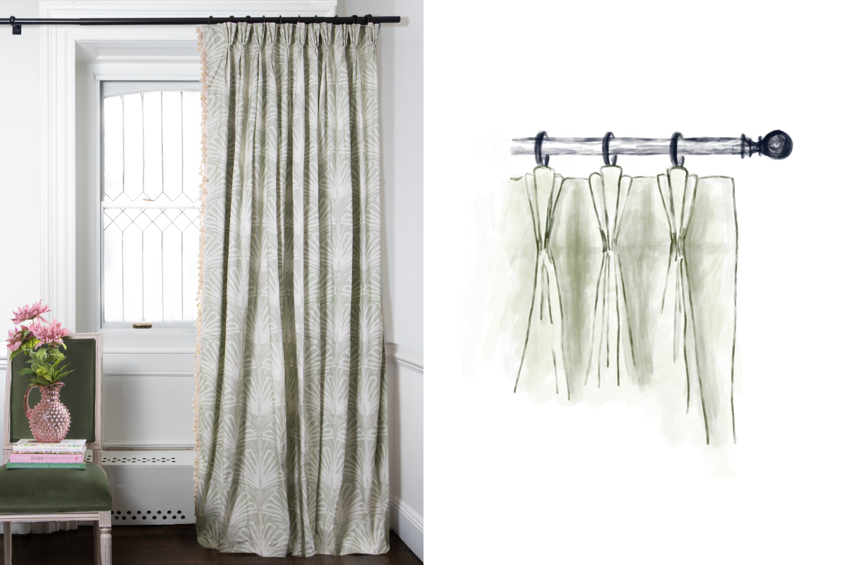 Sage green palm custom curtain hanging on window in room with white walls and green chair