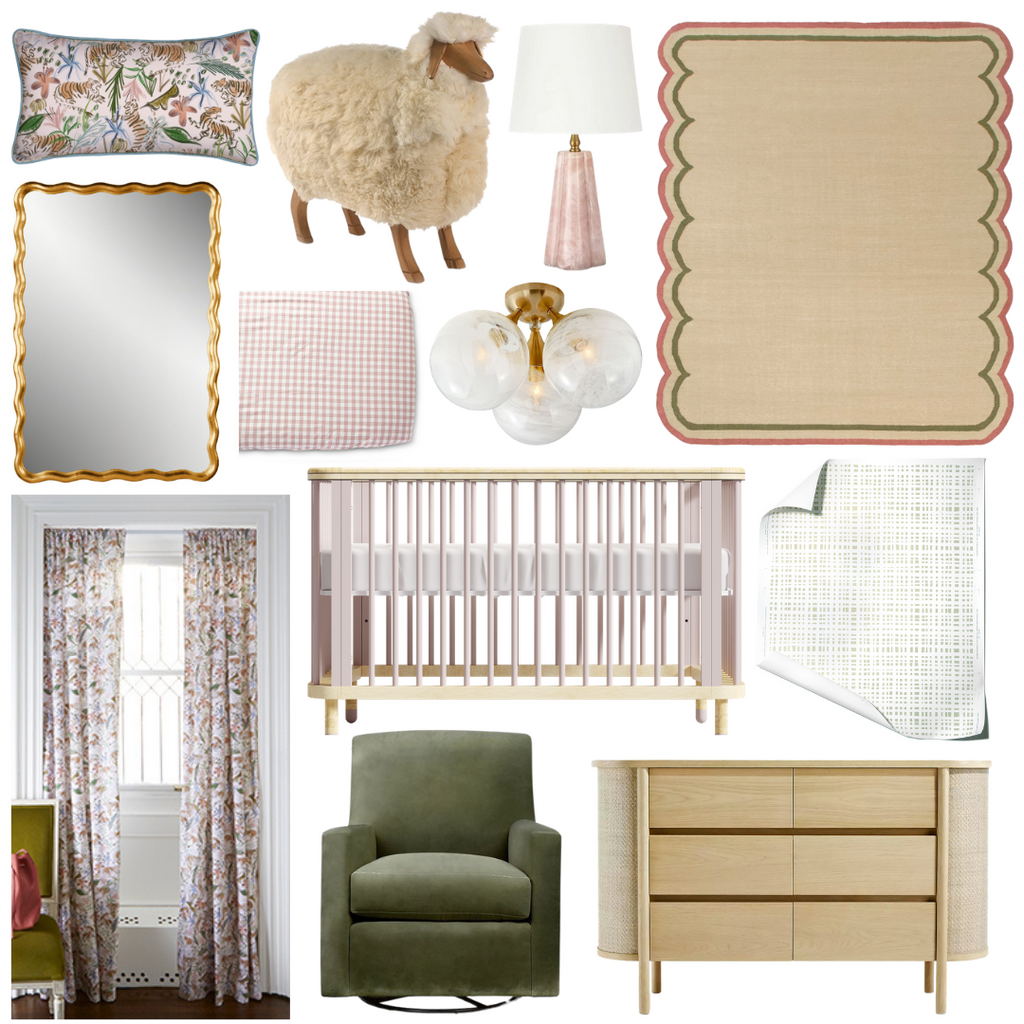 Product style guide including Pink Chinoiserie Tiger Custom lumbar pillow, Sheep Footstool, Pink table lamp, Scalloped Rug, Gold Scalloped mirror, Gingham Pink Crib Sheet, Antique brass flush mount, Pink Chinoiserie Tiger Custom Curtains, Pink and White Crib, Moss Green Gingham Custom wallpaper, Green Glider Armchair, and Oak Dresser