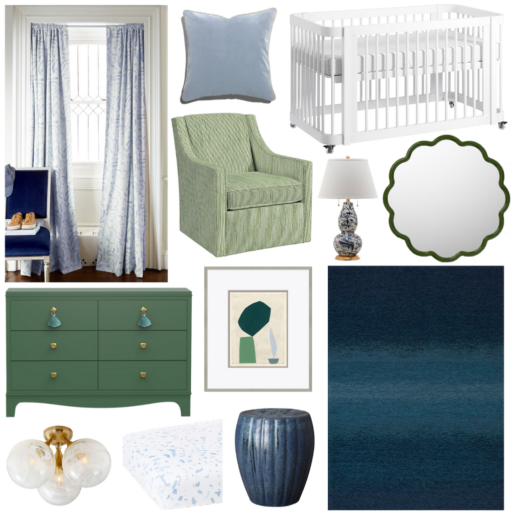 Product style guide including Sky Blue Custom Curtains, Teal Rug, Green Double Chest, Green Swivel armchair, Blue Crib Sheet, Leafy Pendant, Sky Blue Velvet Custom Pillow, Marbleized Navy Lamp, Shaded Collage Artwork, White Crib, Green Mirror, and Crystal Triple Flush Mount