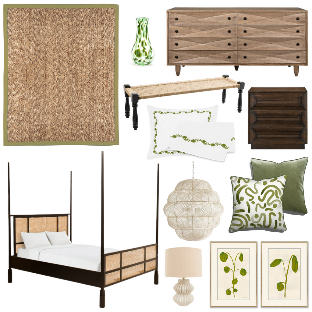 Product style guide including Woven jute rug with green border, Rope and wooden bench, Green Bedding Set, Dark Wooden Chest, Sand Beige Sculptural Lamp, Dark Brown Poster Bed, Beige Pendant Lighting, Two Green Figs Artworks, Moss Green custom pillow with fern green velvet custom piping, Fern Green velvet custom pillow with fern velvet custom piping, Emerald Vase, and Brown Diamond Dresser