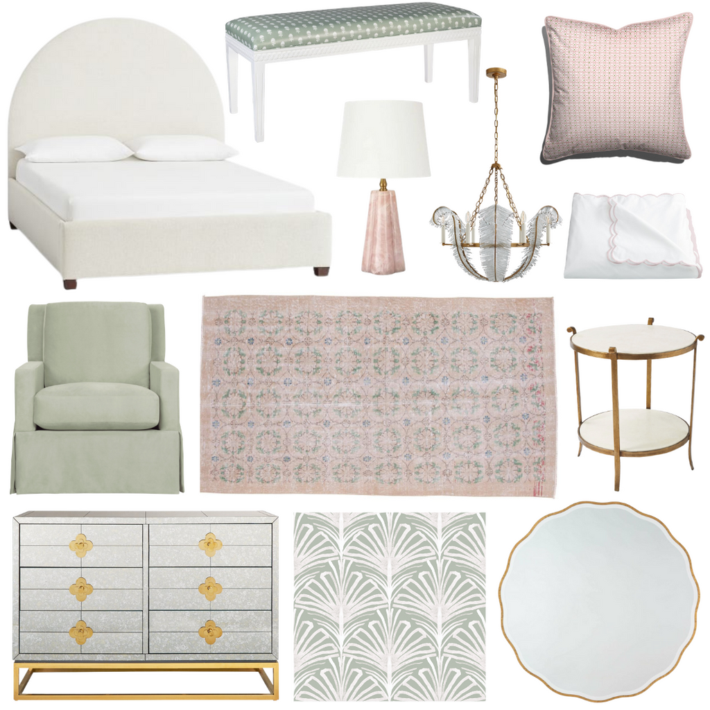 Product style guide including white upholstered arched  bed, Upholstered bench, Pink Ceramic Table lamp, Crystal chandelier, Pink Geometric Custom Pillow with Pink Piping, Scalloped bedding with pink trim, green upholstered lounge chair, Stone side table, Vintage pink and green oushak rug, Grey six-drawer dresser, Mint Green Art Deco Custom Wallpaper, and Gold scalloped mirror