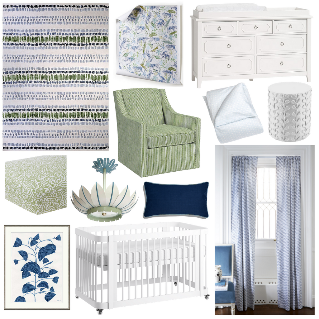 Product style guide including Blue and Green Rug, Green Tiger Custom Wallpaper, White Dresser, Green Swivel chair, baby duvet, Vine Side Table, Green Crib Sheet, White, Green and Blue Leafy Pendant, Navy Blue Custom Lumbar Pillow with Sky Blue Piping, Sky and Navy Blue Poppy Custom Curtains, Blue Striped Fern Artwork, and White Crib