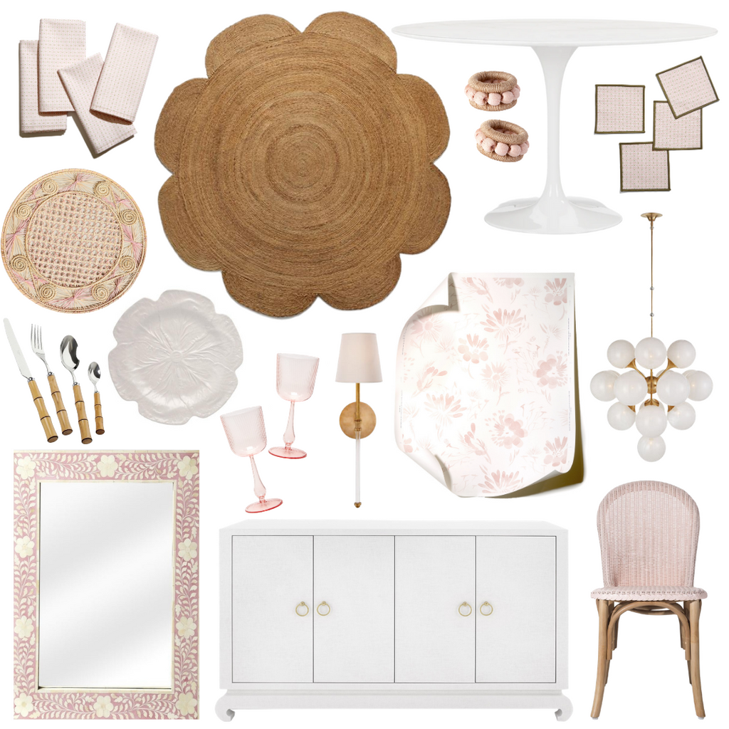 Product style guide including Pink Geometric Custom Napkins, Hand-braided scalloped rug, Napkin rings, Round tulip table, Pink Geometric Custom Napkins, Woven placemats, Bamboo flatware , Pink wine glass, Cabbage dinner plate, White Sconce, Pink Floral Custom Wallpaper, Bone inlay wall mirror, White grasscloth four door storage, and Pink draper chair