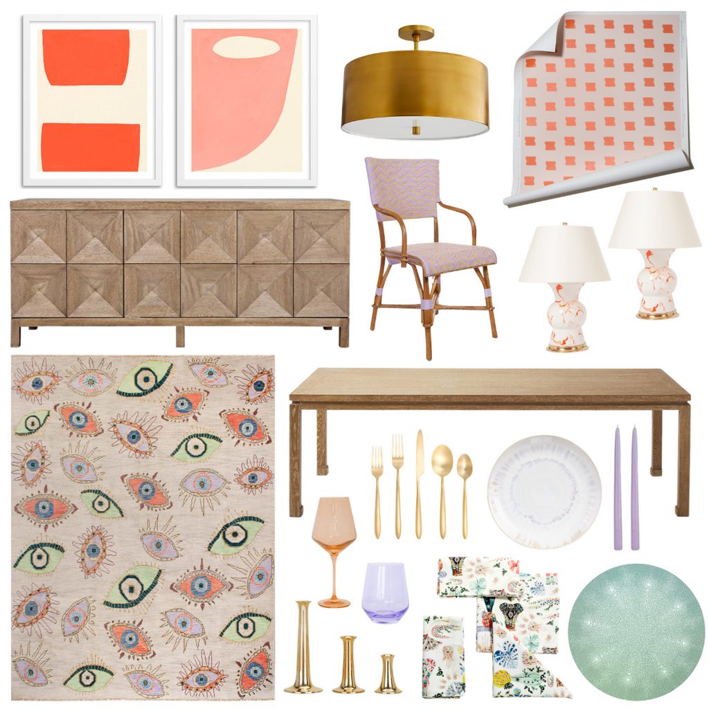 Product style guide including Abstraction art prints, brass semi flush modern light, Orange Pattern Custom Wallpaper, brown three door sideboard, Lavender bistro chair, Orange marble lamp, Turkish Knot rug, brown dining table , green placemat, Gold flatware 5-piece set, Brass candle holder, lilac taper candles, white dinner plate, colorful wine glasses, and Printed White Napkins