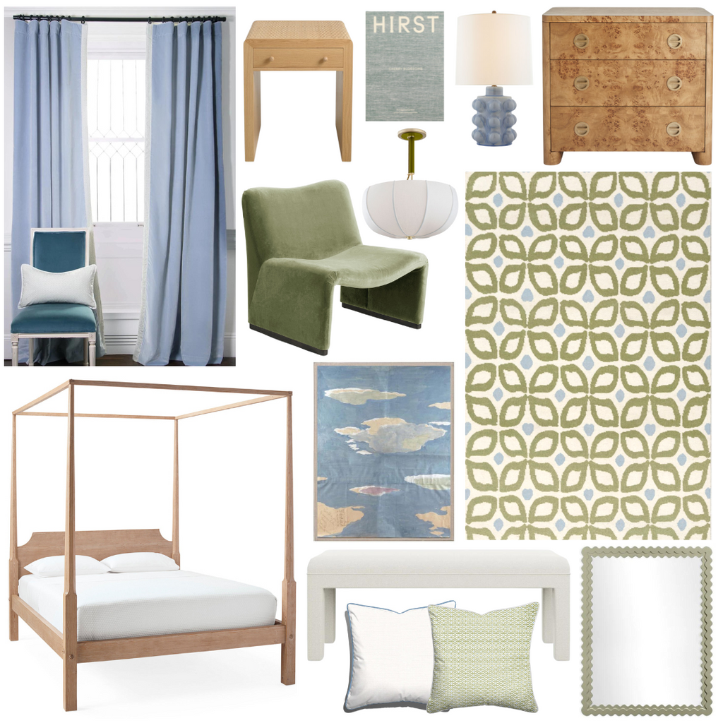 Product style guide including Moss Green Geometric Custom Dhurrie Rug, Four poster pine bed, Sky Blue Velvet Custom Curtain, Brown Three Drawer Dresser, Mint green velvet chair, Apple green mirror, Clouds Artwork, Rattan side table, Pencome Pendant Hang, Moss Green Geometric Custom Pillow, and White Custom Pillow