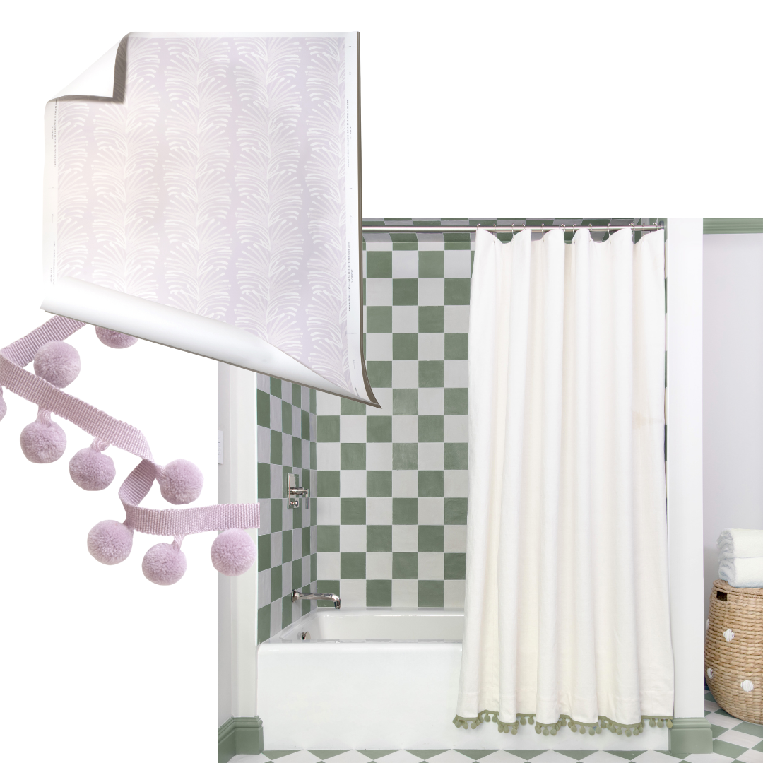 Interior design moodboard with lavender botanical clay coated wallpaper paired with a natural white shower curtain and purple pom pom trim