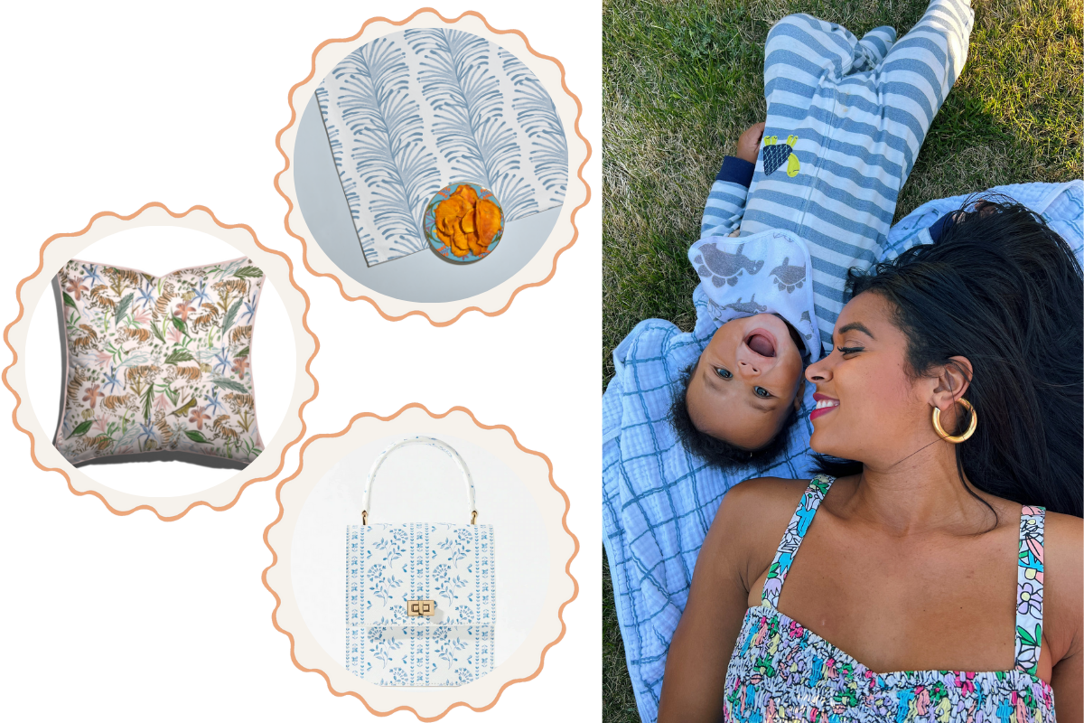 Sky Blue Botanical Stripe Custom tablecloth, Pink Chinoiserie Tiger Custom Pillow, and Blue and White Floral Printed Mini Lady Bag. Brunette woman looking at smiling baby laying on a blanket on the grass
