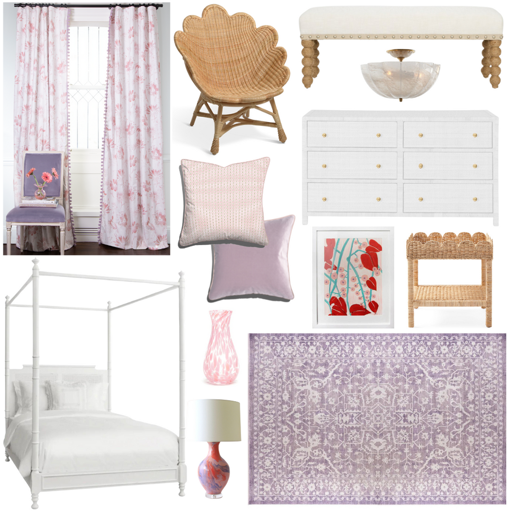 Product style guide including Pink Floral with Lilac PomPom, Pink Geometric Custom Pillow, White Poster Bed, Scallop rattan side table, purple oriental rug, rope bench, Pink & Purple Ceramic Lamp, Rattan Dresser, Purple & Pink floral bedding, Colorful floral artwork, Rattan Venus Chair, semi-flush mount light, Lilac Velvet Custom Pillow, and Pink Bud Vase