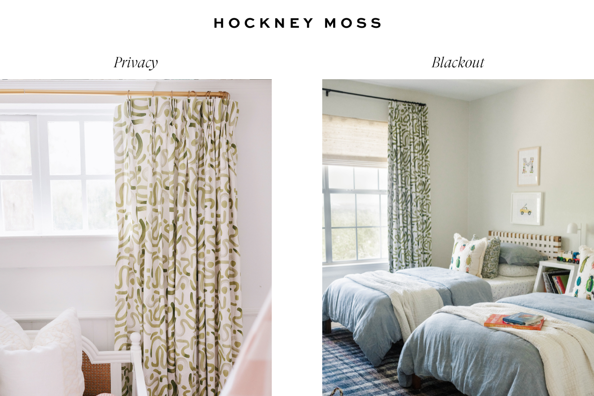 Images comparing blackout and privacy lining on moss green custom curtains