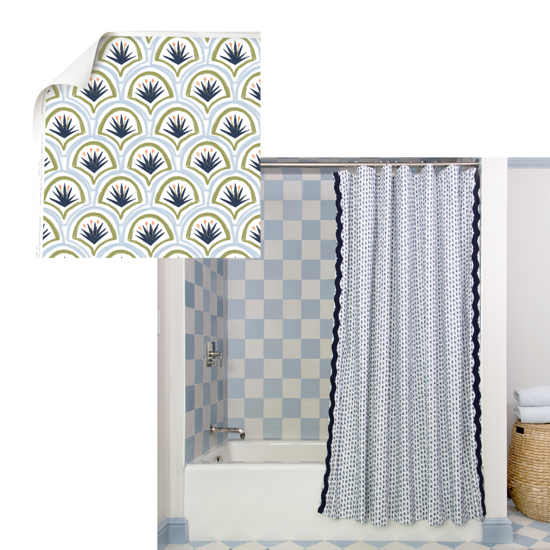Interior design moodboard with art deco palm performance wallpaper paired with a blue and white custom shower curtain