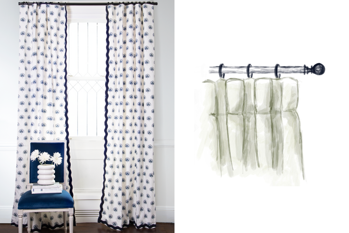 Blue floral custom curtain hanging on window in room with white walls and navy chair