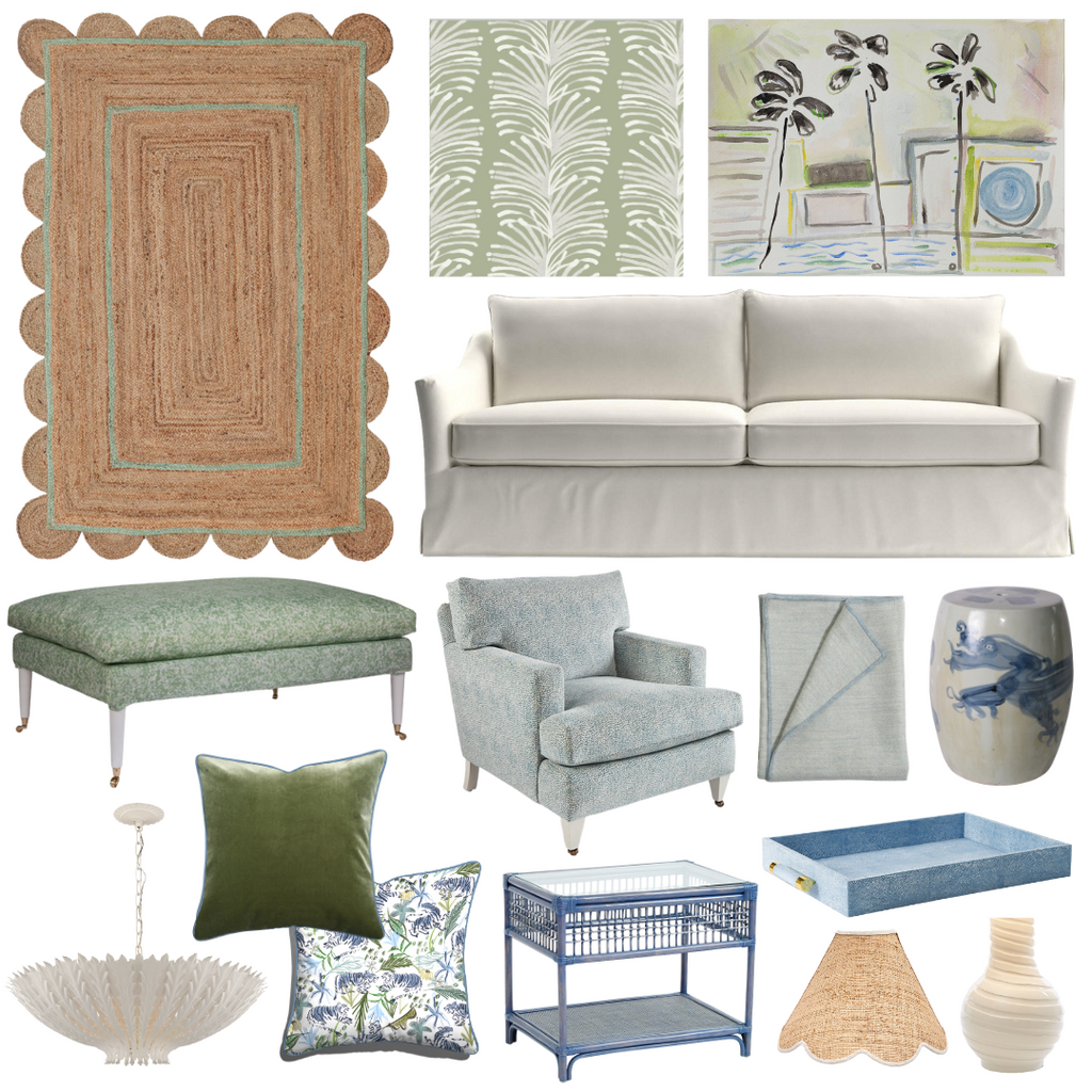 Product style guide including Blue rattan side table, Green Upholstered Ottoman, Scalloped jute rug, Teal armchair, blue and white dragon garden stool, Cream ceramic chandelier, Cream Slipcovered sofa, Scalloped lamp shade with cream trim, simple lines palm watercolor painting, Blue shagreen serving tray, Ceramic lamp, Sage Botanical Stripe wallpaper, Fern green velvet custom pillow with sky blue piping, blue baby alpaca throw, and Green Tiger Custom Pillow with Sky Piping