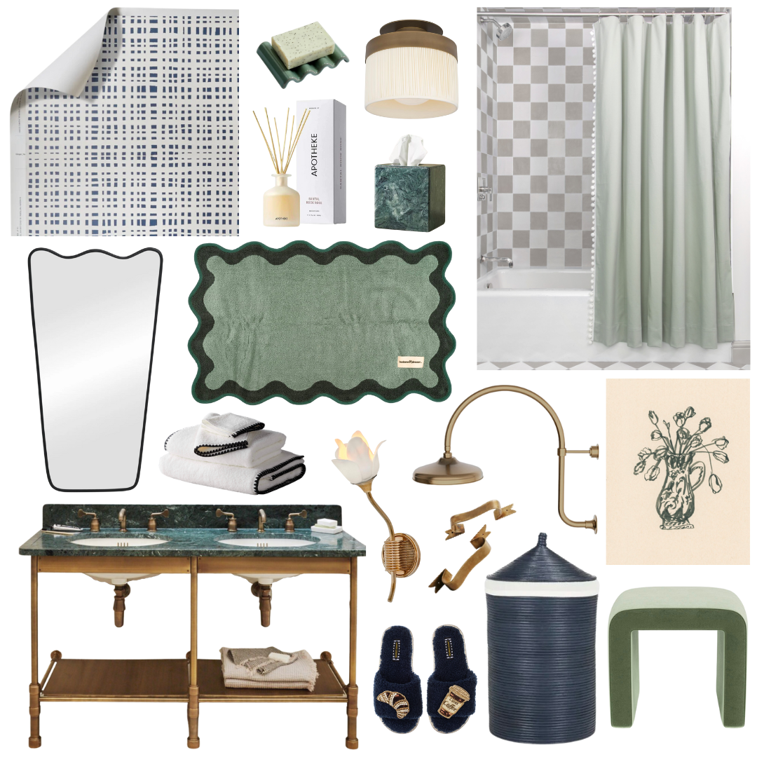 Product style guide including Navy Gingham Wallpaper, Coriander & Thyme Soap & Dish, Fabric Flush Mount, Clear Scent Diffuser, Emerald Tissue Holder, Sage Green Custom Shower Curtain, Wavy Mirror, Scalloped Bath Mat, Black and White Towels, Flower Sconce, Rain Shower-head with Wall Mounted Gooseneck Shower Arm, Ribbon Drawer Pulls, Flower Artwork, Double Vanity Sink, Navy Slippers, Navy Hamper, and Green Velvet Stool