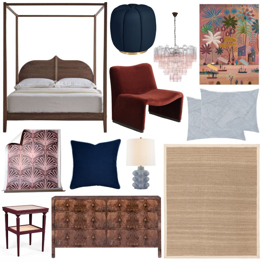 Product style guide including oak four poster bed, Navy Linen footstool, Burgundy Velvet Chair, Palm tree artwork, Blue bedding, Pink glass chandelier, Maroon Art Deco Custom Wallpaper,Navy Blue custom pillow with Sky Blue Piping, Blue table lamp, Side table with woven cane top, Brown dresser, and Light brown natural rug