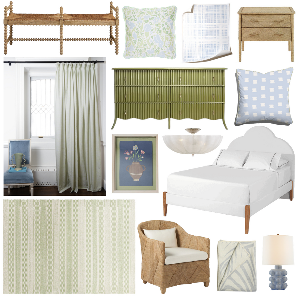 Product style guide including Moss Green Geometric Custom Curtains, Bench in natural light brown, Blue table lamp, Blue Bedding, Sky Blue Pattern Custom pillow with Moss Green Geometric custom piping, Tub Style Rope lounge chair, Crown Headboard, White Semi flush mount, Green Rug, Abaca Rope Chest, Floral Artwork, Green Double Chest, Sky Blue Gingham Custom Wallpaper, and Blue alpaca throw