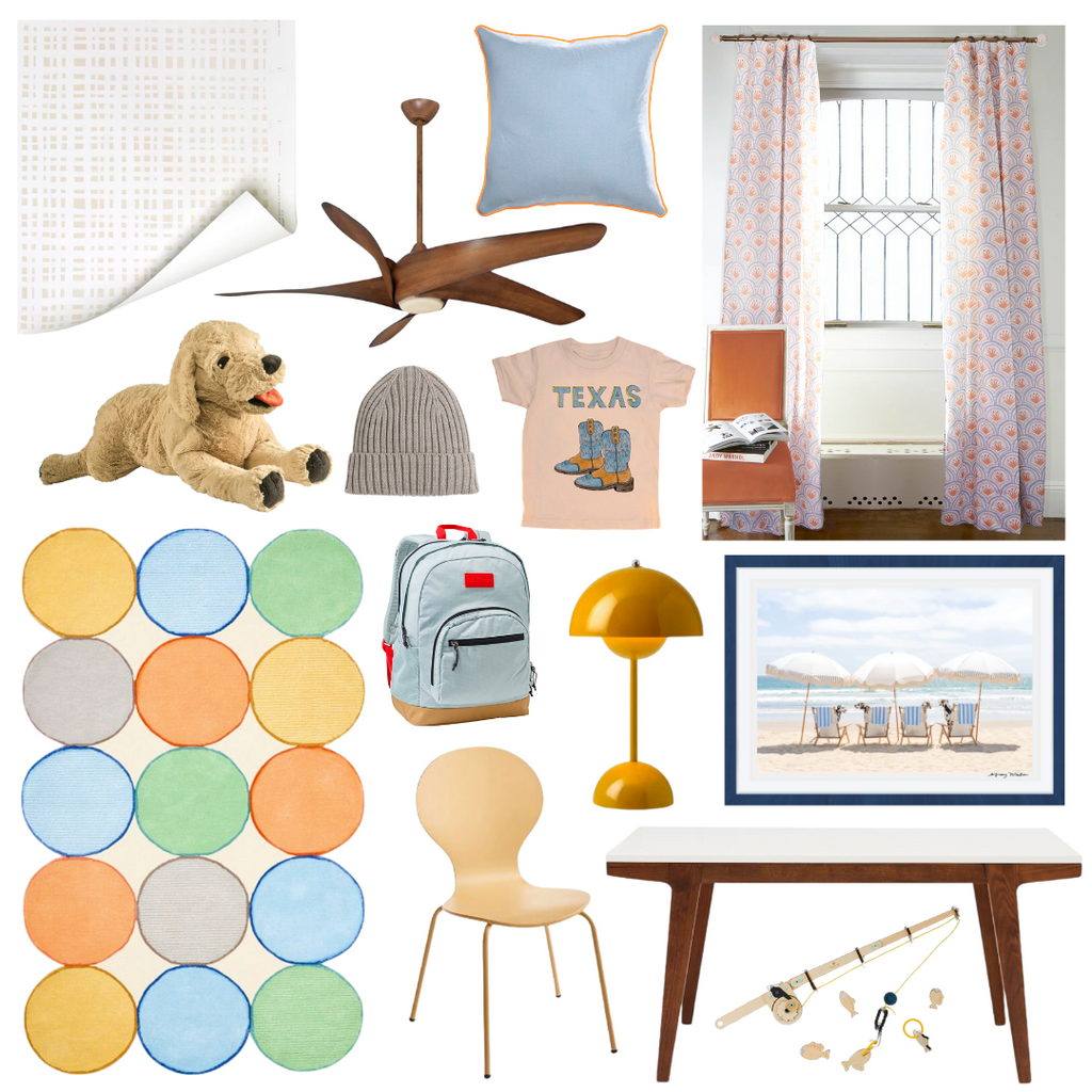 Product style guide including Beige Gingham Wallpaper, Stuffed Light Brown Dog, Polka dot Rug, Midcentury Wooden Ceiling Fan, Kids' Rib-Knit Beanie, Kids' Backpack, Yellow Modern Chair, Modern Play Table, Art Deco Palm Pattern Custom Curtains, Cordless Table Lamp, Graphic Texas T-Shirt, Sky Blue Velvet Custom Pillow, Dogs at the Beach Photo, and Fishing Pole Toy