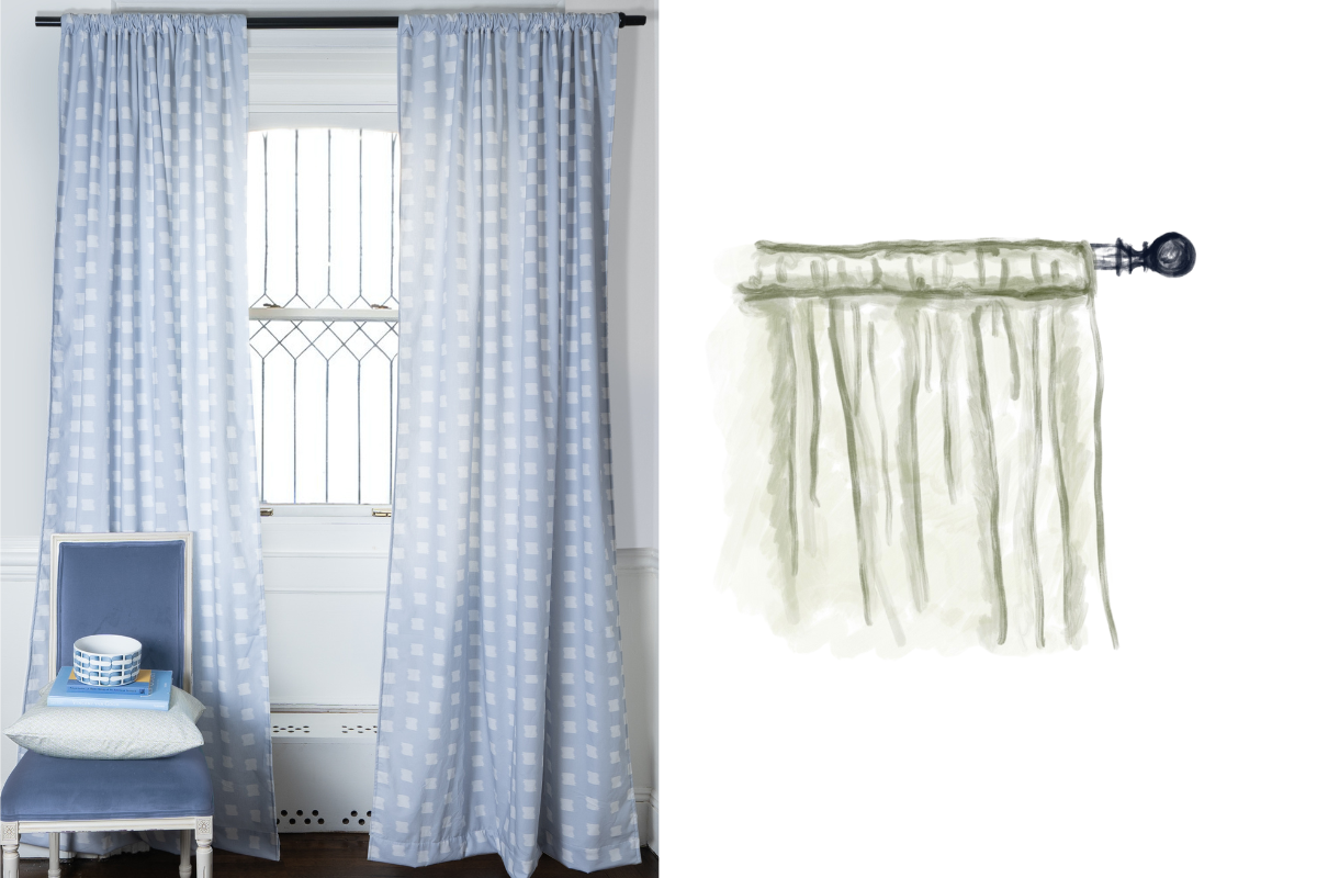 Sky blue pattern custom curtain hanging on window in room with white walls and blue chair