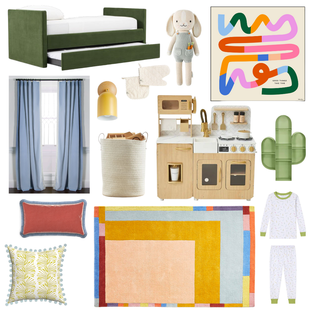 Product style guide including Green Trundle Day Bed, Sky Blue Velvet Custom Curtains, Coral Velvet Custom Pillow, Yellow Stripe Chartreuse Custom Pillow, Colorful Rug, Toys Hamper, Yellow Wall Sconce, Stuffed Dressed Bunny, Play Kitchen, Colorful Abstract Art, Cactus Bookcase Shelf, and Pajama Set