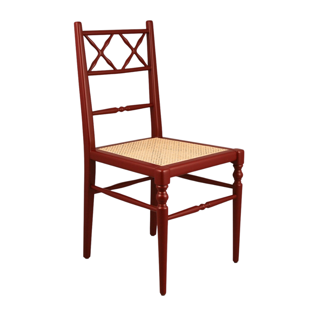 Red lacquered dining chair with cane seat