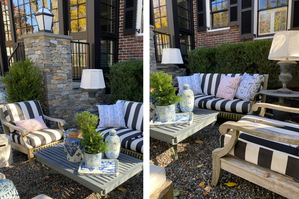 Patio bench styled with a Green Tiger custom pillow, a Pink Graphic custom pillow, and a Sky Blue Botanical Stripe custom pillow next to a patio sofa chair styled with a red and pink custom lumbar pillow