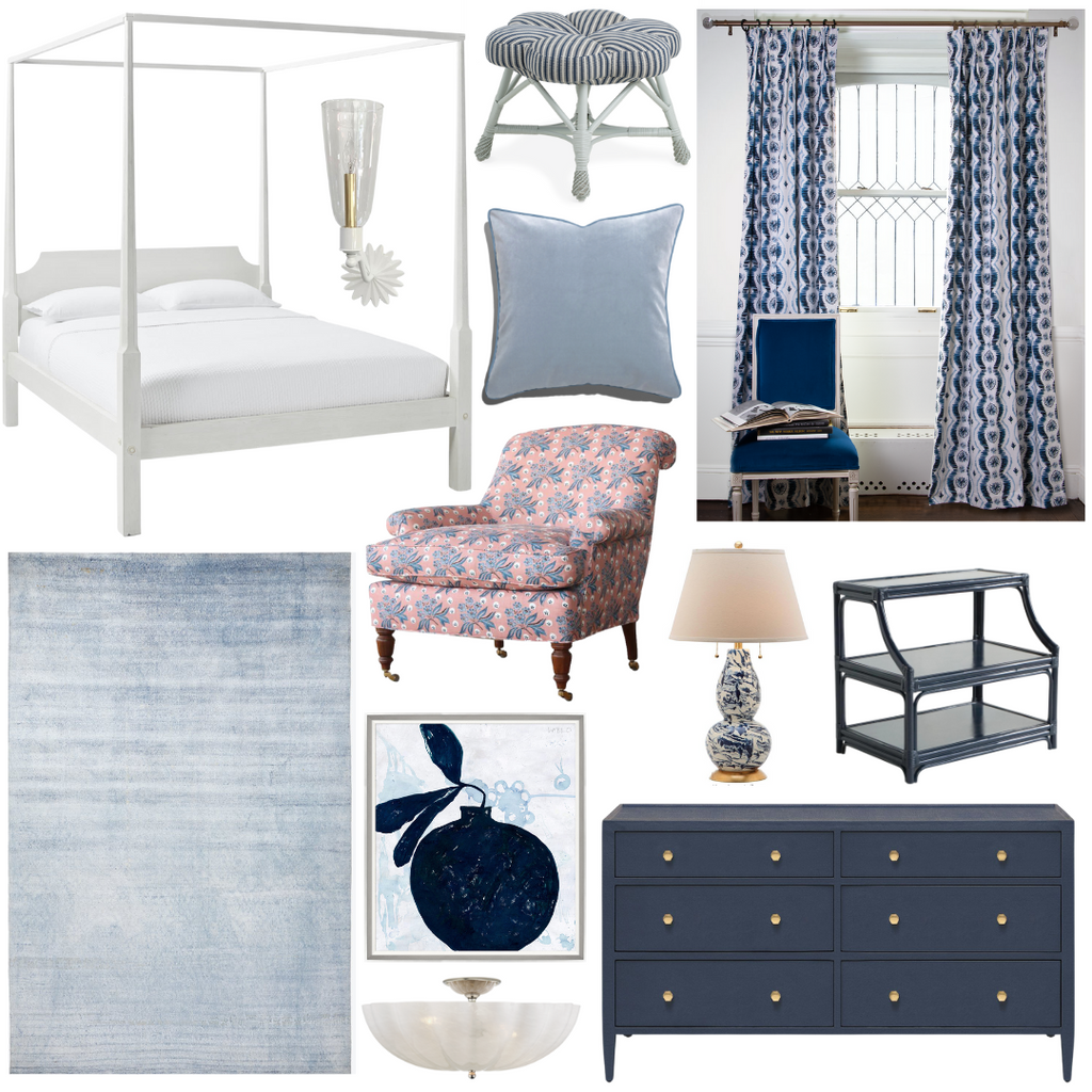 Product style guide including Blue Ikat Stripe Custom Curtain, Sky Blue Velvet Custom Pillow, white four poster bed, pink and blue upholstered armchair, blue and white artwork, light blue rug, blue and white lamp, rattan navy nightstand, Navy Dresser, Blue Sconce, and Blue Upholstered wooden stool