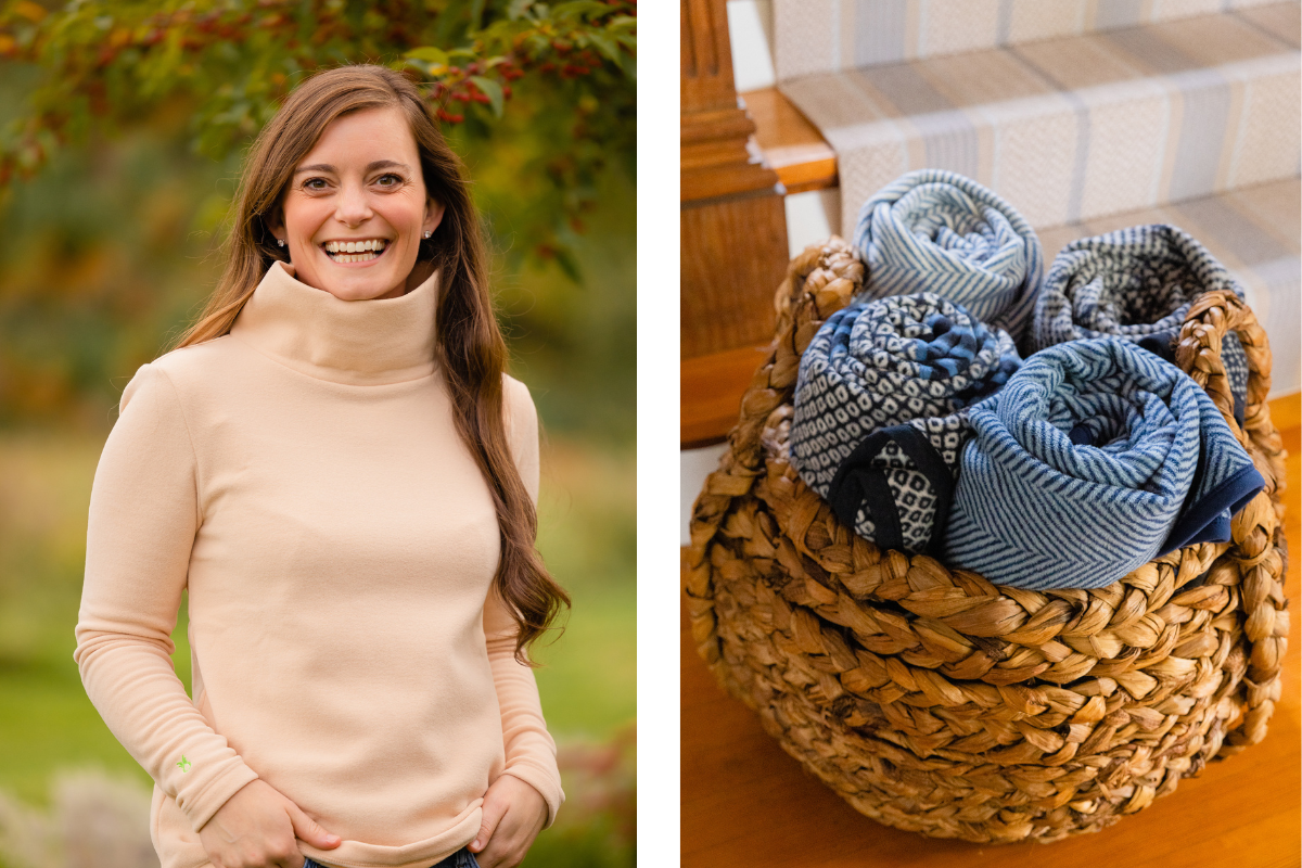 Two photos side by side; one of a brunette woman standing with her hands in her pocket with a tan turtleneck sweater; right photo of a woven basket holding rolled up blue patterned blankets