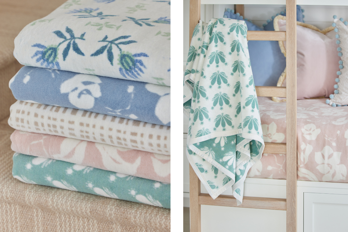 Two photos side by side; left photo of a stack of floral and gingham patterned blankets on top of a tan rug; right photo of Blue and green floral blanket hanging on a wooden latter attached to a bunk bed with a pink floral blanket covering the bottom bunk styled with blue and pink pillows