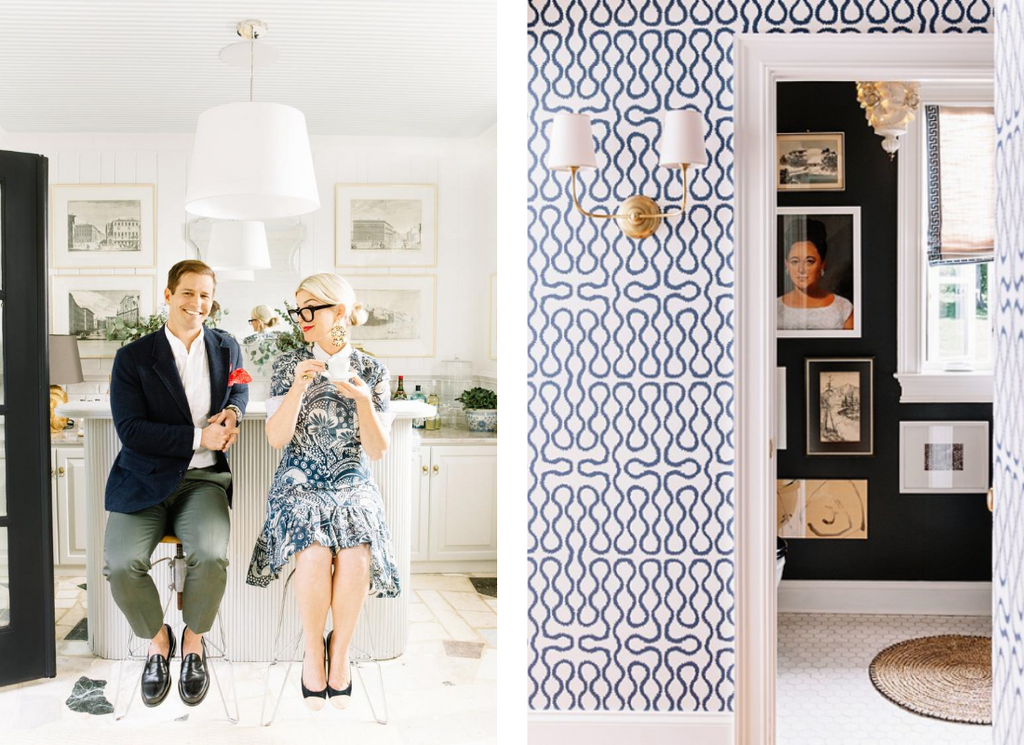 photo of a woman and man sitting on stools in an all white kitchen next to a photo of a blue geometic wallpaper on a wall outside of of a navy powder room