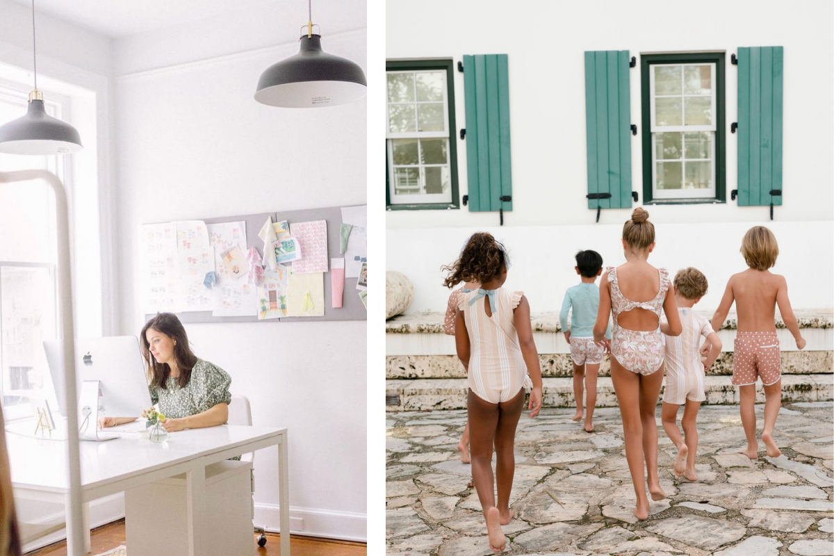 Brunette woman in white desk working in a computer. Six children wearing swimwear walking toward a White House with two green windows