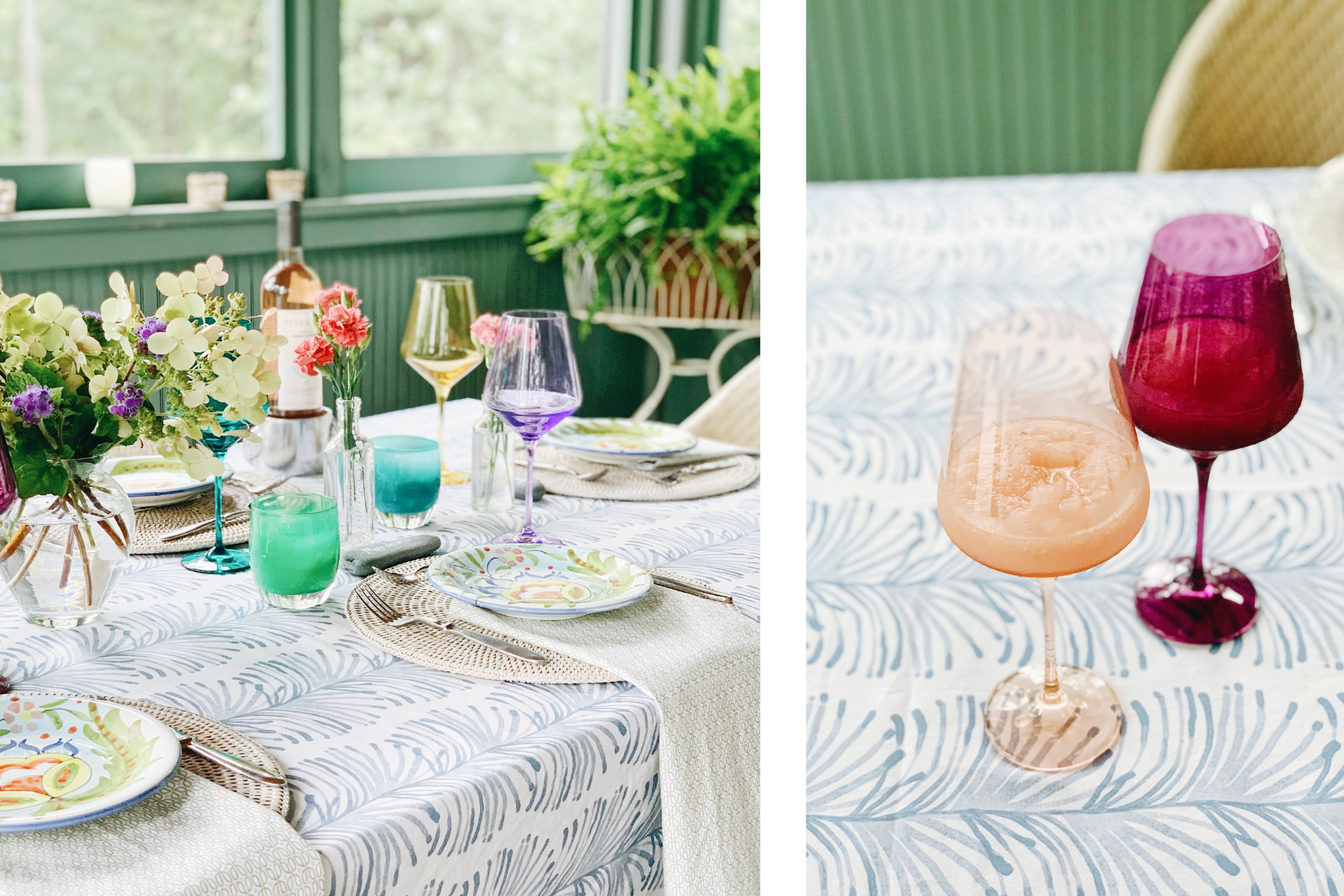 Left photo of table with sky blue botanical tablecloth and moss green geometric napkins paired with colorful wine glasses, rattan placemats and white and purple flowers on an outdoor porch. Right photo is close up of sky blue botanical tablecloth and red and orange wine glasses