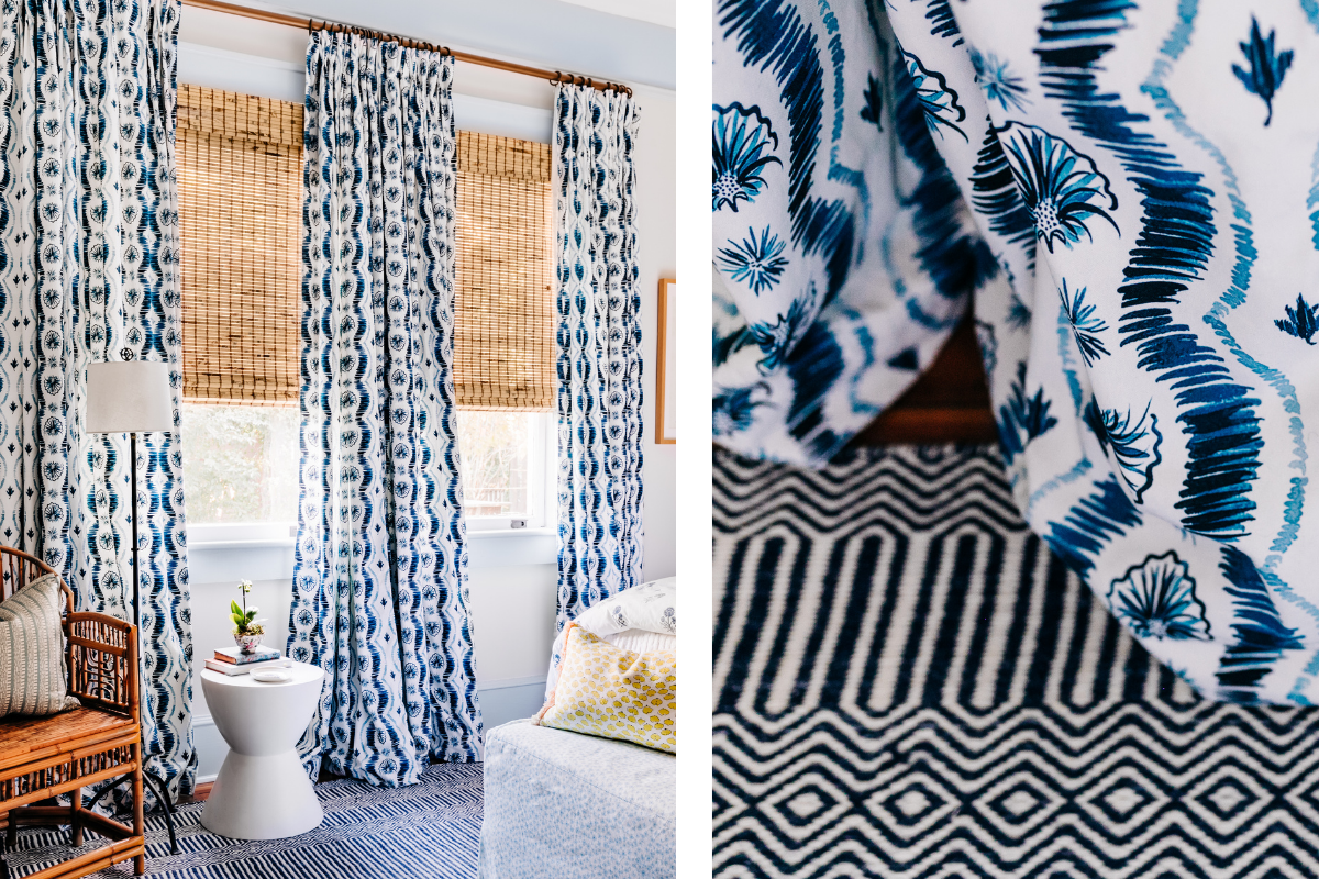 Blue Ikat Custom curtains by bed and white coffee table with two books and flower on top. Close-up of Blue Ikat Stripe Custom Curtain