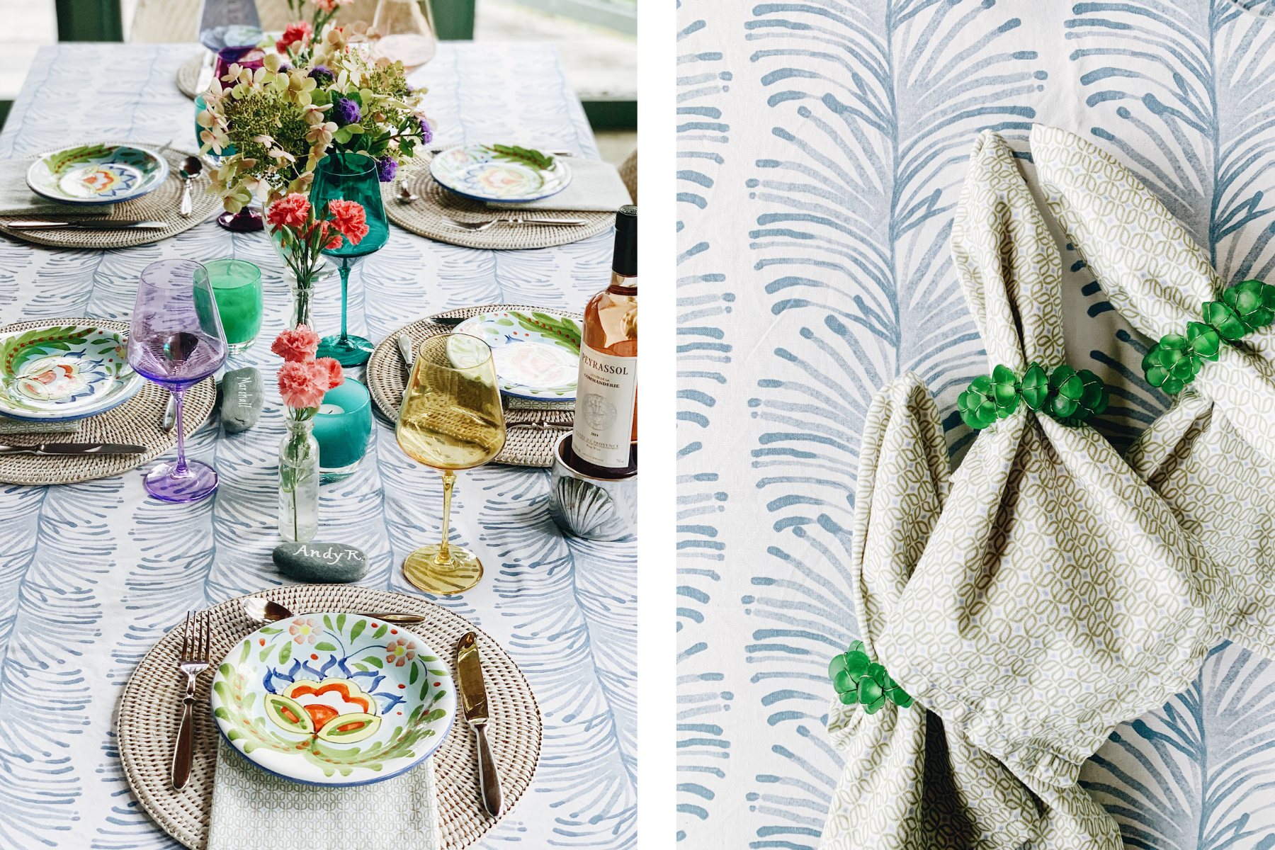 table with sky blue botanical tablecloth and moss green geometric napkins paired with colorful wine glasses, rattan placemats and white and purple flowers next to a photo of moss green geometric napkins on a sky blue botanical tablecloth