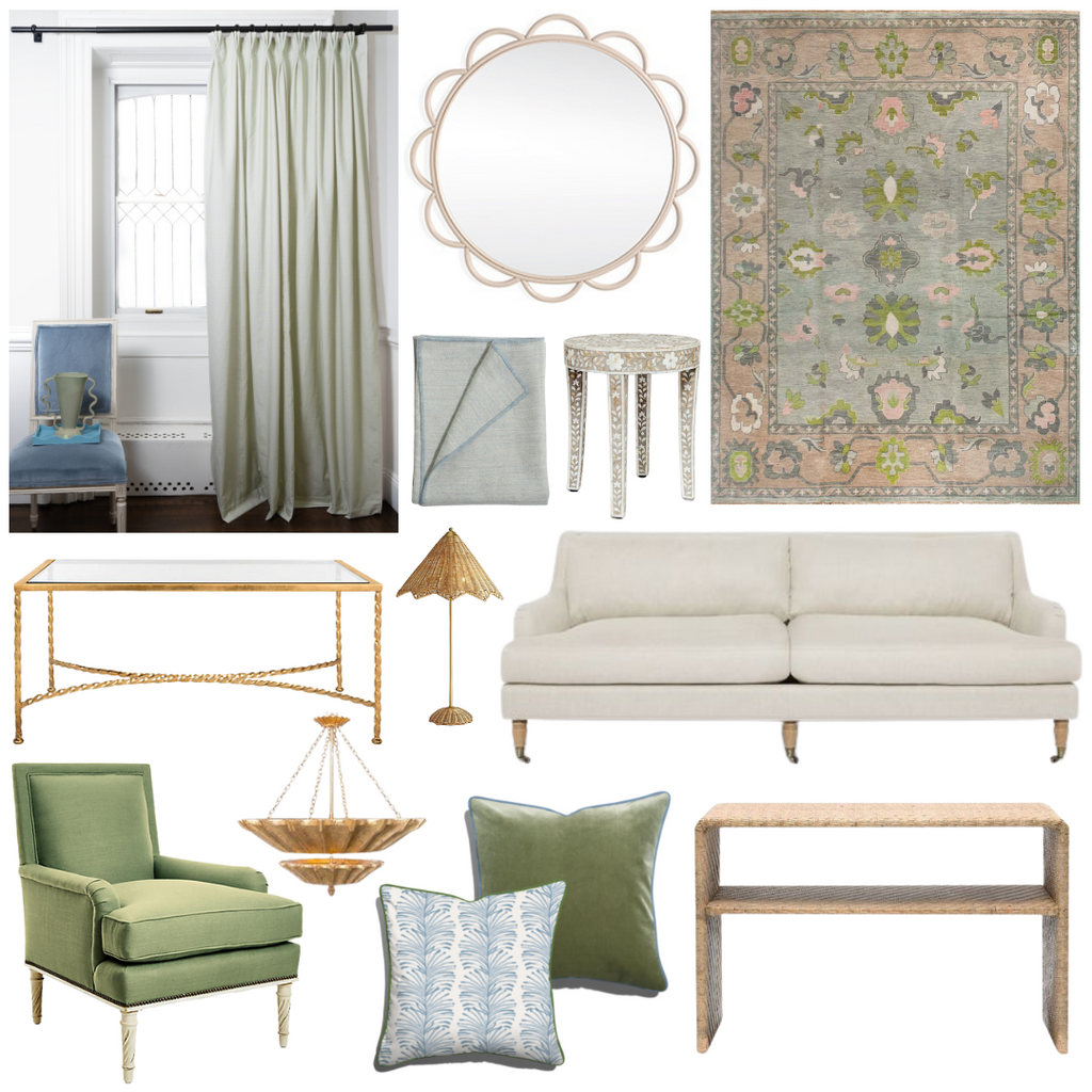 Product style guide including Moss Green Geometric custom pinch pleat curtains, Scallop-edged mirror, Floral turkish knot rug, Blue baby alpaca throw, Bone inlay side table, Gold coffee table, Parasol table lamp, Cream sofa, green accent armchair, Gold leaf chandelier, Sky Blue Botanical Stripe Custom Pillow with Basil Piping, Fern green velvet custom pillow with sky blue piping, and Rattan side table