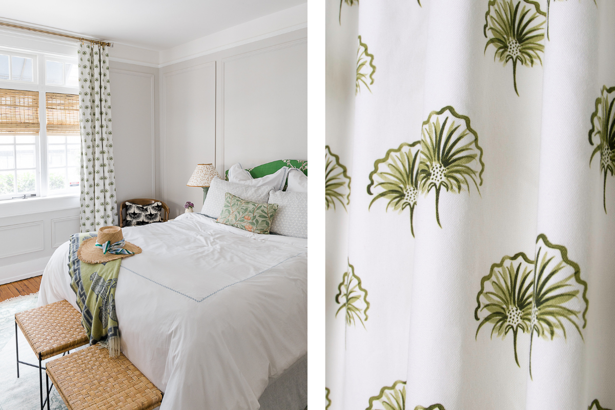 Bedroom with a white bed with summer hat on top next to white nightstand and wooden chair with black and white printed pillow on top next to illuminated window styled with Green Floral Custom Curtains. Close up of Green Floral Custom Curtains