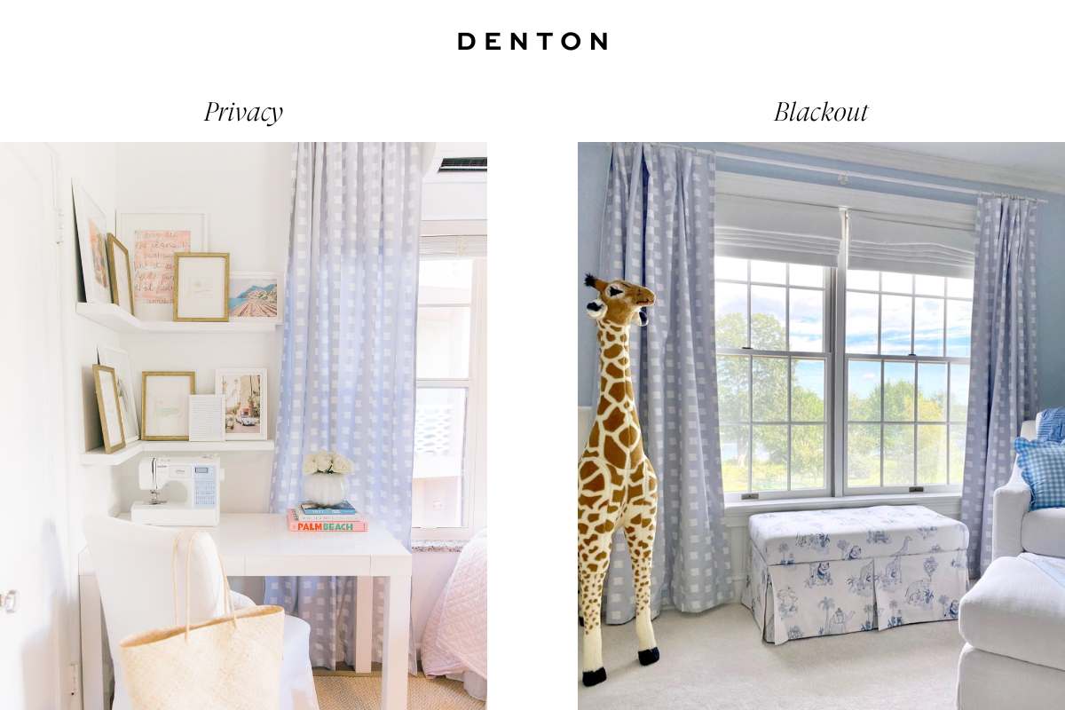 Images comparing blackout and privacy lining on sky blue patterned custom curtains