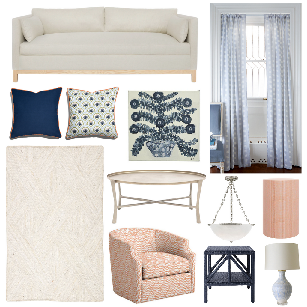 Product style guide including Sky Blue Pattern Custom Curtains, Modern cream sofa, Ivory Jute Rug, Navy Blue Custom Pillow, Art Deco Palm Pattern Custom Pillow, Ceramics Powder Blue Banded Lamp, Swivel Chair, Navy side table, Medium White and Silver Chandelier, Grasscloth Side table, Silver coffee table, and Navy Flowers Artwork