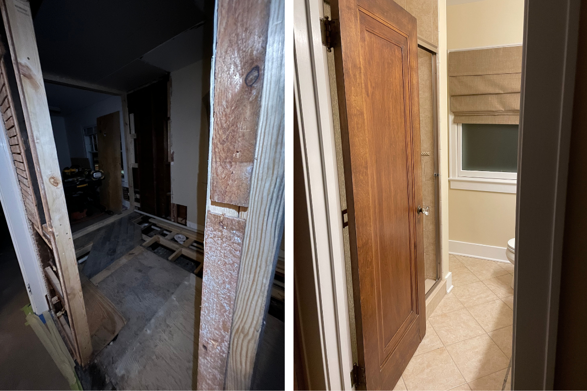 Renovation progress photo of an old bathroom with tan tiles and tan walls