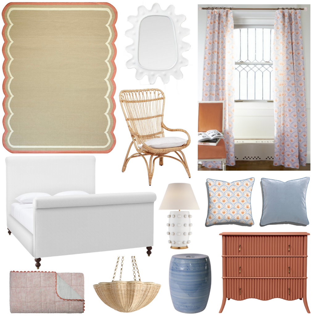 Product style guide including Art Deco Palm Pattern Custom Curtains, Ceramic small sphere printed Table Lamp, Ivory Mirror, Coral Linen Bedspread, Coral three door chest, White Upholstered Bed, Lounge chair, Blue garden stool, Rattan daisy hanging light, Sky Velvet Custom Pillow, Scallop Coral Rug, and Art Deco Palm Pattern Custom Pillow